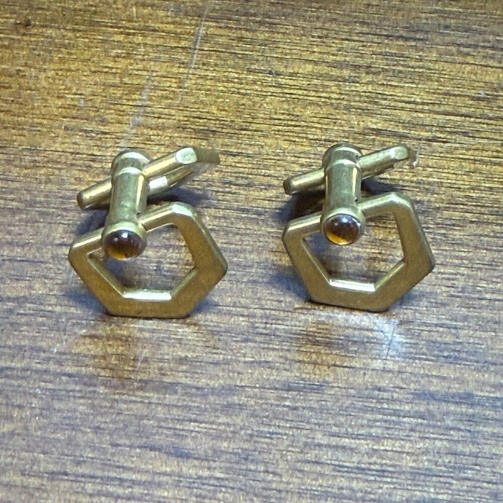 Vintage Gold Tone Hexagonal Amber Cabochon Cufflinks Toggle Back - Picture 3 of 6